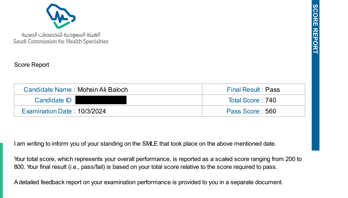 Dr. Mohsin Ali Baloch – SMLE Score Report: 740/800, Pass